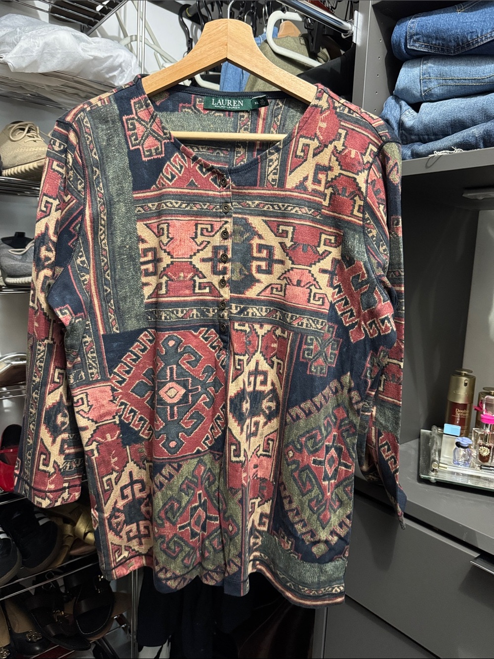 Ralph Lauren Multicolor Aztec Button-Up Shirt - Navy, Red, Cream size XL